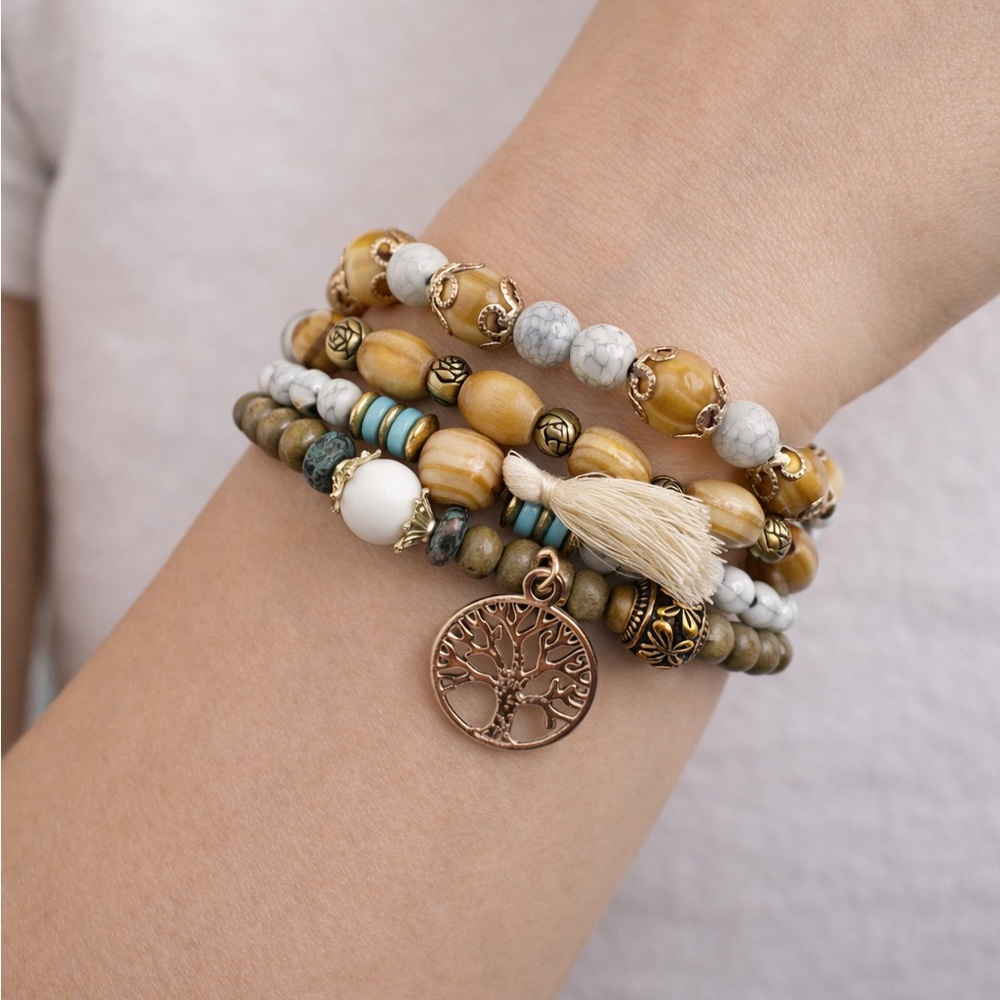Boho Wood Beaded Bracelet Set Tree of Life Tassel